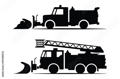 Silhouettes of a snow plow truck and a fire truck with a ladder, transport