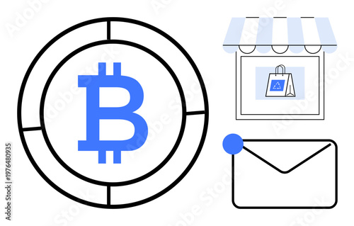 Cryptocurrency, online transactions, e-commerce, digital wallets, fintech, blockchain icons. Bitcoin symbol, shopping storefront envelope. Cryptocurrency and e-commerce concept