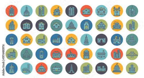 A diverse collection of building and architectural icons in a flat design style, featuring houses, famous landmarks, and urban structures on colorful circular backgrounds.
