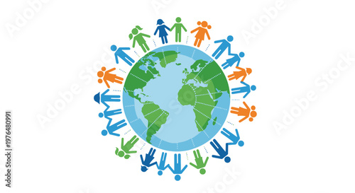 Stylized illustration of diverse people holding hands around a green and blue globe, symbolizing global unity and community.