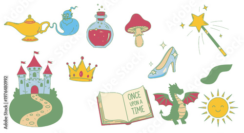 A collection of colorful fairy tale and fantasy elements including a castle, dragon, magic lamp, potion, crown, and enchanted book.