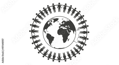 A black and white illustration depicting a circle of diverse people holding hands around the globe, symbolizing global unity, community, and connection.