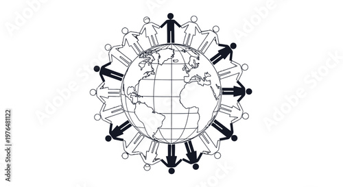 A black and white illustration depicting a globe surrounded by diverse people holding hands, symbolizing global unity, peace, and human connection.