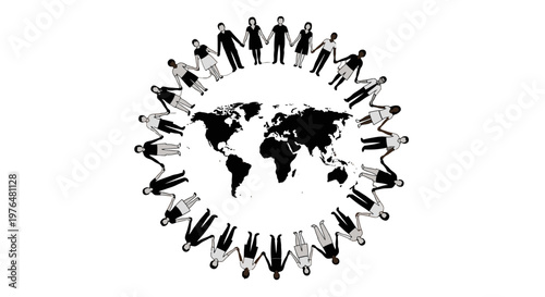 A black and white illustration depicting a circle of diverse people holding hands around a world map, symbolizing global unity and connection.