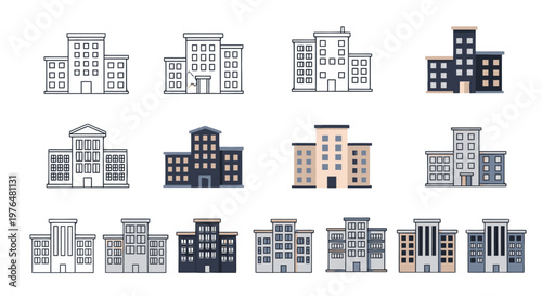 A collection of various modern building icons and illustrations, showcasing diverse architectural designs in flat and outline styles, suitable for urban planning.