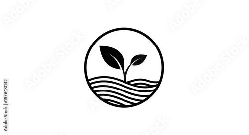 Organic Sprout with Leaves and Water Waves in Circle Logo, Eco-Friendly Plant Growth Symbol, Nature Conservation Icon, isolated white background