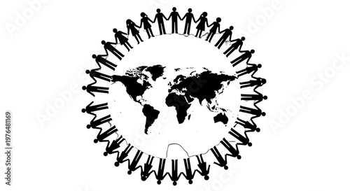 People Holding Hands Around World Map Silhouette, Global Community Unity Black Icon, Earth Connection Vector, isolated white background