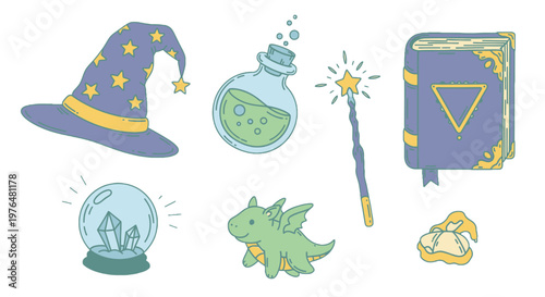 Whimsical Magic Wizardry Objects Collection, Fantasy Spell Book Potion Dragon Set, Enchanting Crystal Ball Wand Vector, isolated white background