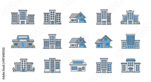 Collection of various building types and structures.