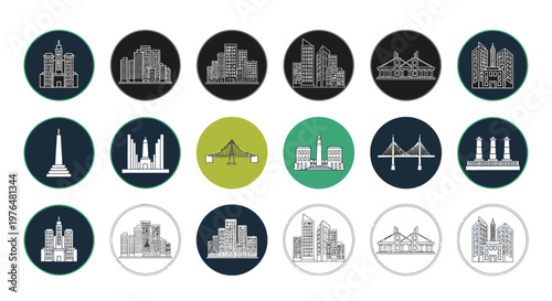City skyline icons and landmarks.
