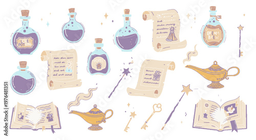Whimsical fantasy magic items illustrations.