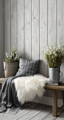 Rustic bench with soft textures against a white wood wall