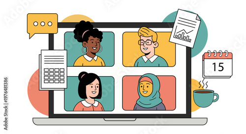 Diverse team collaborating remotely on a video conference call with documents and calendar