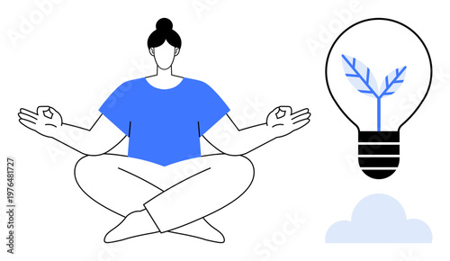 Meditation, mindfulness, innovation, creativity, eco-friendly ideas, mental clarity. Woman practicing meditation sitting cross-legged, next to a lightbulb with a tree symbol. Meditation