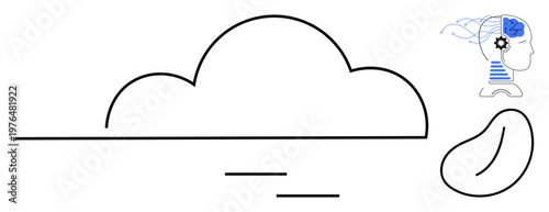 Cloud computing, AI, technology, data science, innovation, digital transformation. A cloud symbol and a brain icon with gears. Concept of cloud computing and AI technology