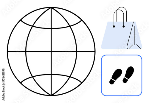 Online shopping, global trade, e-commerce marketing, navigation, retail experience, logistics services. A globe outline with a shopping bag and footsteps icon. Focus on online shopping and global