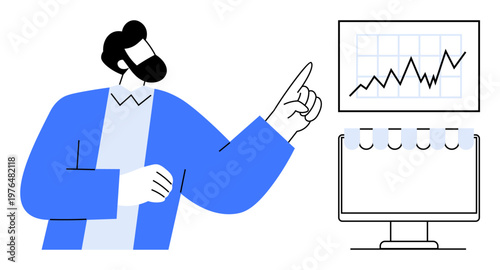 Business strategy, analytics, financial growth, leadership training, market trends, data presentation. A person pointing at growth charts on screen. Business strategy and analytics concept