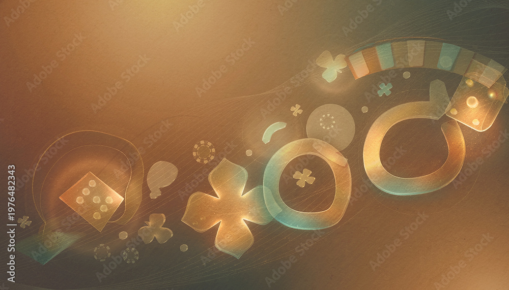 Fototapeta premium Casino symbols and poker chips on a dark background with glowing lights and cards.