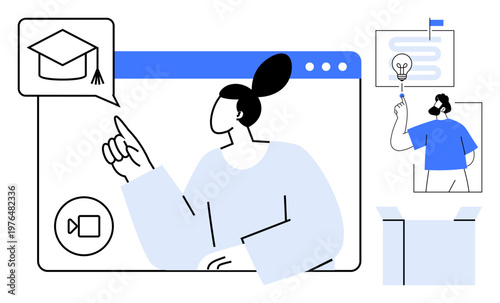 Online learning, education technology, virtual teaching, communication tools, knowledge sharing, academic development, modern training. Person pointing toward a graduation cap icon on a screen