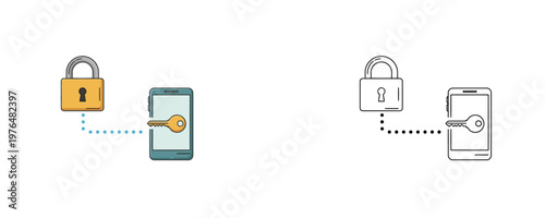 Two-factor authentication illustrations in cartoon and line styles with yellow and blue colors representing 2FA security process with padlock and smartphone on white background