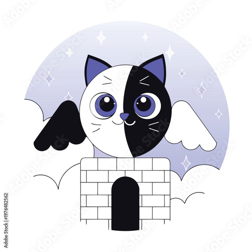 Cute flying cartoon cat with  face, big expressive eyes, surrounded by fluffy clouds and sparkles, floating above pastel toy brick structure, soft blue background with grid patt