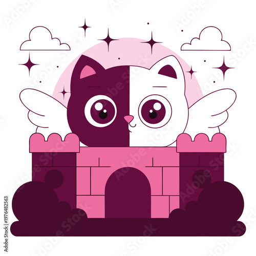 Cute flying cartoon cat with  face, big expressive eyes, surrounded by fluffy clouds and sparkles, floating above pastel toy brick structure, soft blue background with grid patt