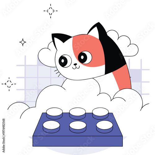 Cute flying cartoon cat with  face, big expressive eyes, surrounded by fluffy clouds and sparkles, floating above pastel toy brick structure, soft blue background with grid patt