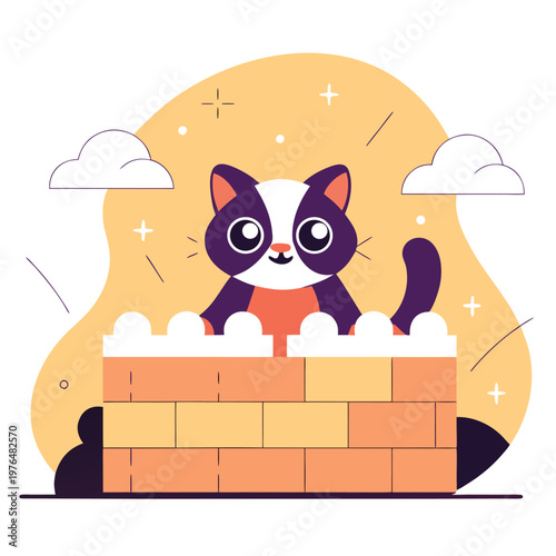 Cute flying cartoon cat with  face, big expressive eyes, surrounded by fluffy clouds and sparkles, floating above pastel toy brick structure, soft blue background with grid patt