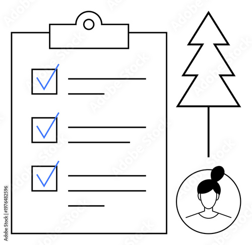 Task organization, productivity, work-life balance, sustainability, eco-conscious planning, simplicity. A checklist with check marks, a female profile and a tree icon. Task organization