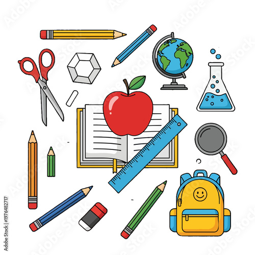 A colorful illustration of various school supplies on a transparent background
