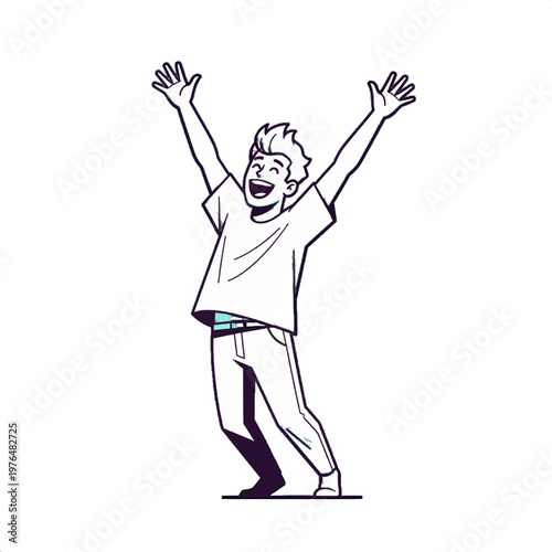 A cheerful young man celebrating with arms raised in a minimalist vector illustration on transparent background