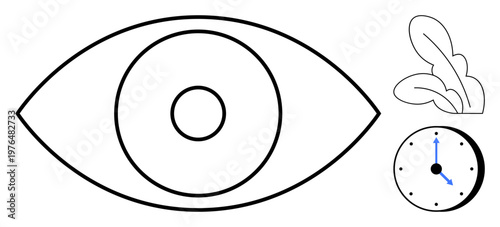Vision, nature, time management, mindfulness, graphic design concepts, symbolism. Eye with concentric circles, clock showing ten fifteen and abstract leaves. Vision and time management
