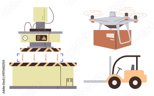 Logistics, automation, transportation, packaging, warehousing, quadcopter delivery. Industrial machine, Quadcopter carrying box forklift. Logistics and automation concept