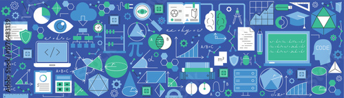 Maths Geometry Science Banner. Mathematics Education Illustration With Symbols Formulas. Flat Outline Vector School Design.