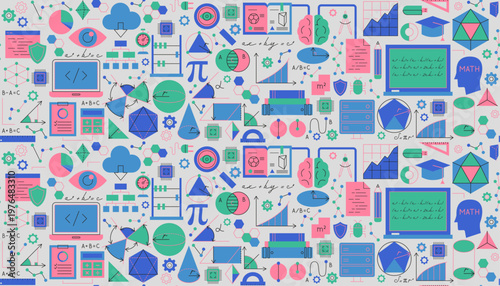 Maths Seamless Pattern. Vector Illustration of Solid and Outline Education Objects. Mathematics Line Sign. Geometry School BG.