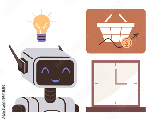 Artificial intelligence, e-commerce trends, innovation, productivity, time management, futuristic technology. A robotic character, light bulb shopping cart and clock. AI and e-commerce growth