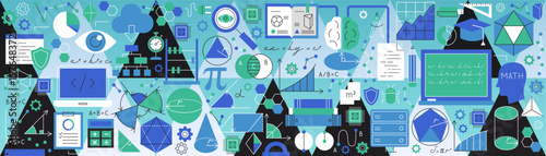 Mathematics Science Banner. Vector Illustration of Solid and Outline Education Objects. Math Sign. School Background for Website.