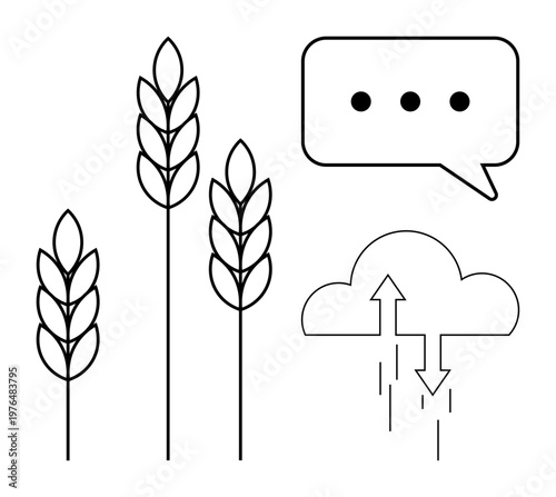 Agriculture symbols. Black outline of wheat stalks, cloud with arrows, and a speech bubble agriculture, climate, and dialogue. For farming, environmental topics, sustainability communication