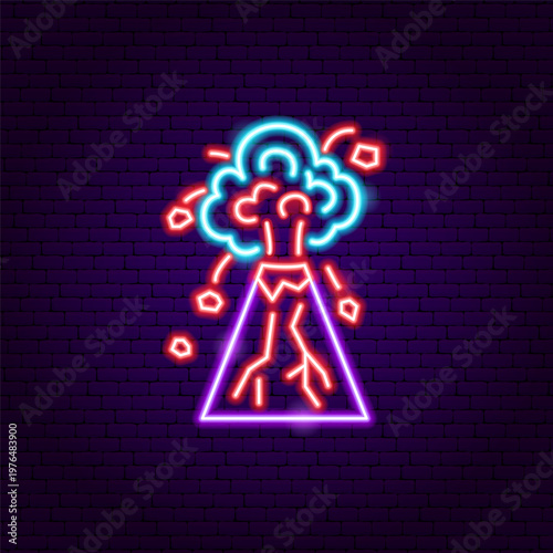Neon Volcano Eruption Sign. Glowing Icon. Vector Illustration of Lava Explosion, Crater, and Geology Concept Object.