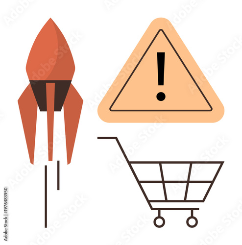 Business growth, startup challenges, e-commerce, online shopping, market risks, digital strategy. Rocket, caution warning and shopping cart. Business growth and startup challenges