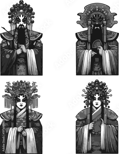 Six Iconic Chinese Peking Opera Performers in Traditional Stage Costumes Representing Historical Chinese Theater and Cultural Heritage