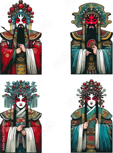 Six Iconic Chinese Peking Opera Performers in Traditional Stage Costumes Representing Historical Chinese Theater and Cultural Heritage