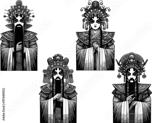 Six Traditional Chinese Peking Opera Characters Wearing Elaborate Imperial Costumes, Ornate Headdresses, and Dramatic Facial Makeup in Cultural Theater Art
