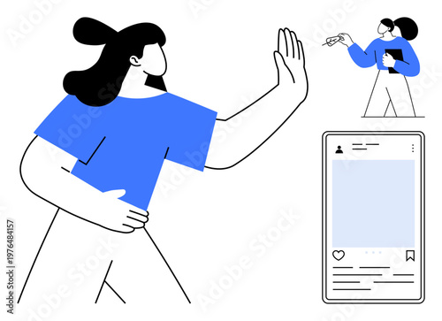 Online privacy, data security, personal boundaries, social media awareness, digital detox, identity protection. Woman gesturing stop with phone and another writing. Online privacy and data security