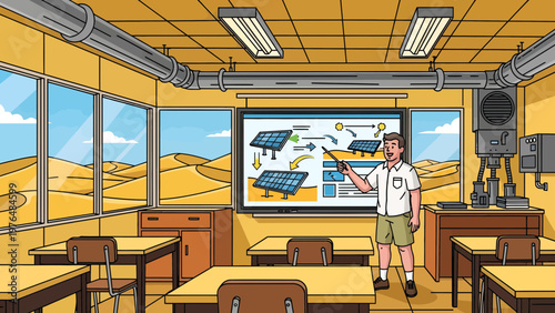 Young man teaching about solar panels in a classroom.