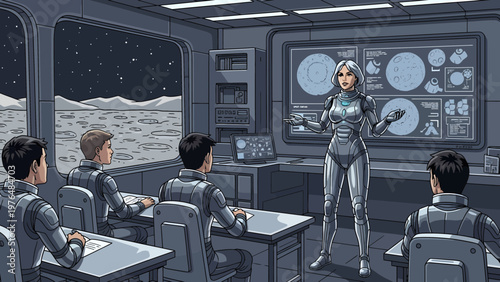 Futuristic Robot Teacher Instructing Students in Space Classroom.