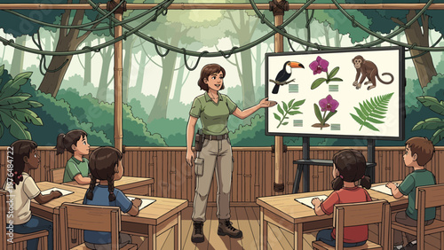 Jungle classroom learning about plants and animals.