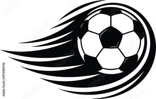 Dynamic soccer ball flying with speed motion trails, black and white football vector, athletic sports logo icon
