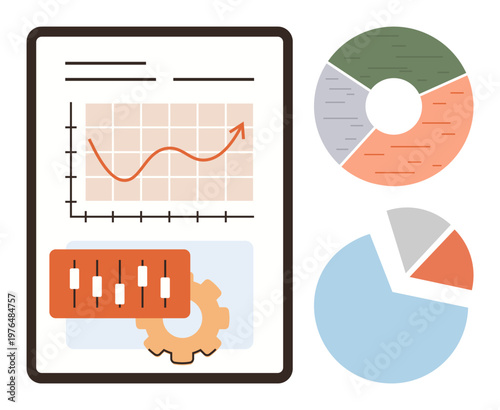 Data analytics, business strategy, financial reporting, market trends, performance monitoring, decision support. Chart with line trends, pie charts and control panels. Data analytics and business