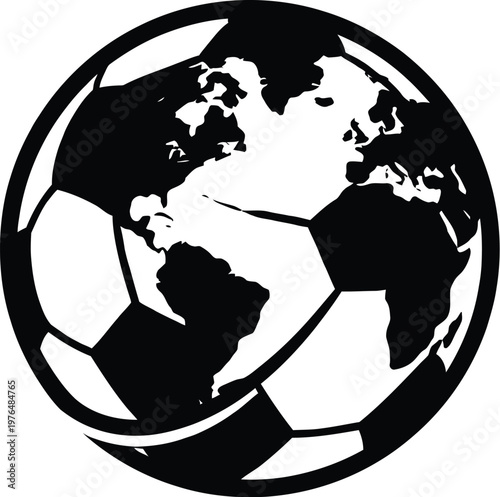 Soccer ball world globe vector, black and white football planet earth icon, international sports competition logo